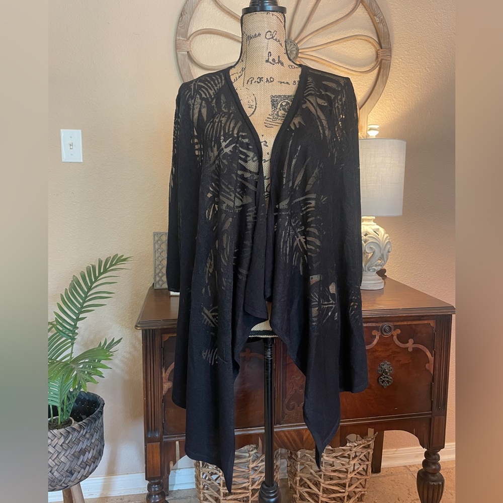 Chico's Traveler’s Black Sheer Palm Print Cardigan